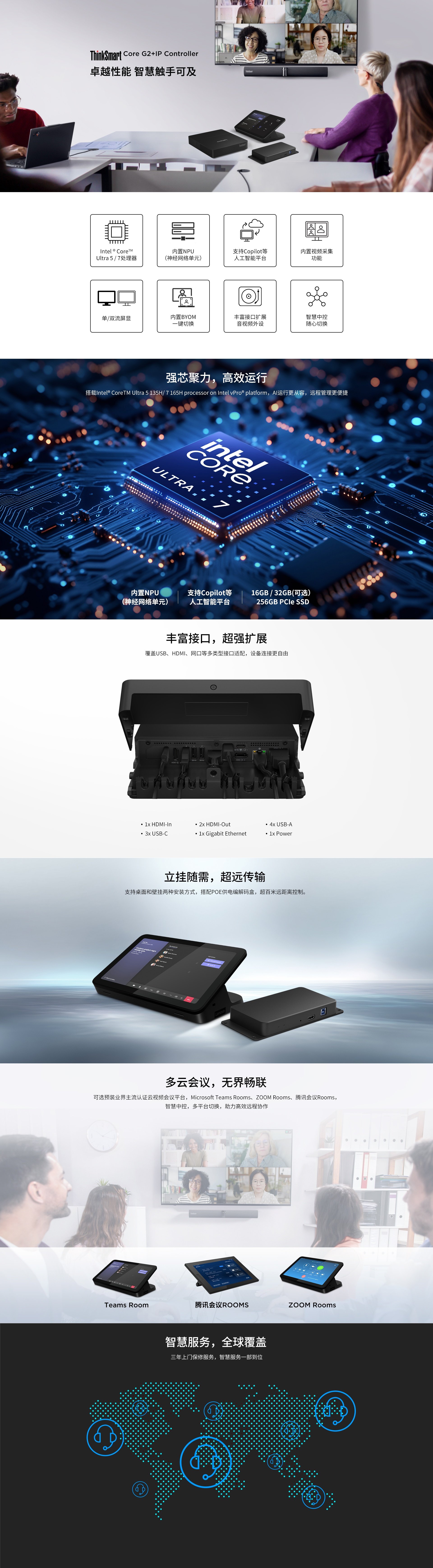 联想ThinkSmart Core G2+IP Controller|Intel Core Ultra处理器+内置NPU智能会议终端|支持Copilot AI平台+BYOM一键切换|多云视频会议解决方案