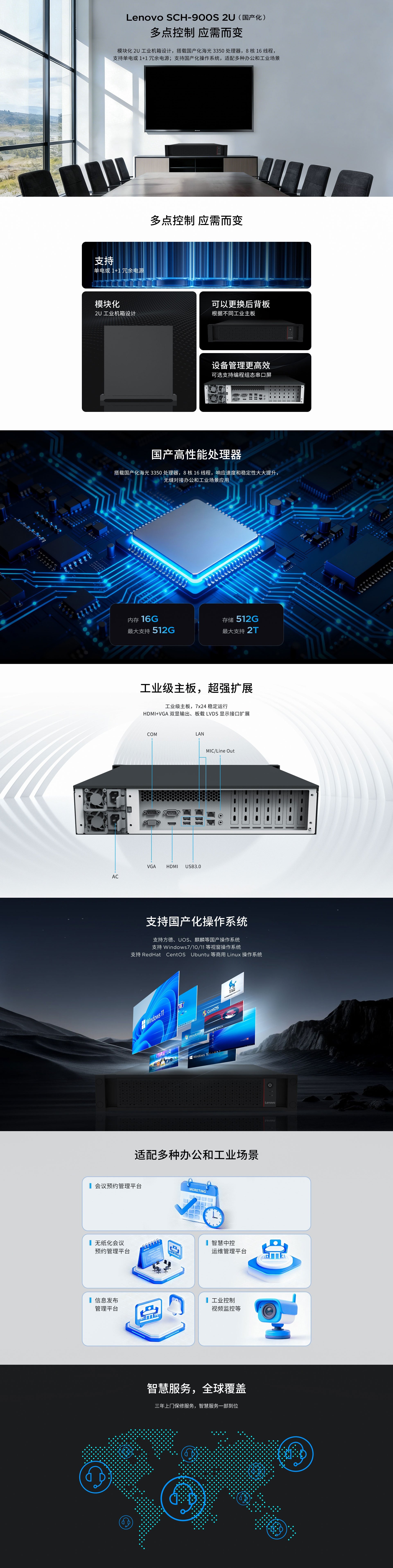 联想SCH-900S 2U国产化会议服务器|海光3350处理器高性能服务器|模块化设计支持冗余电源|会议预约与智慧中控平台应用