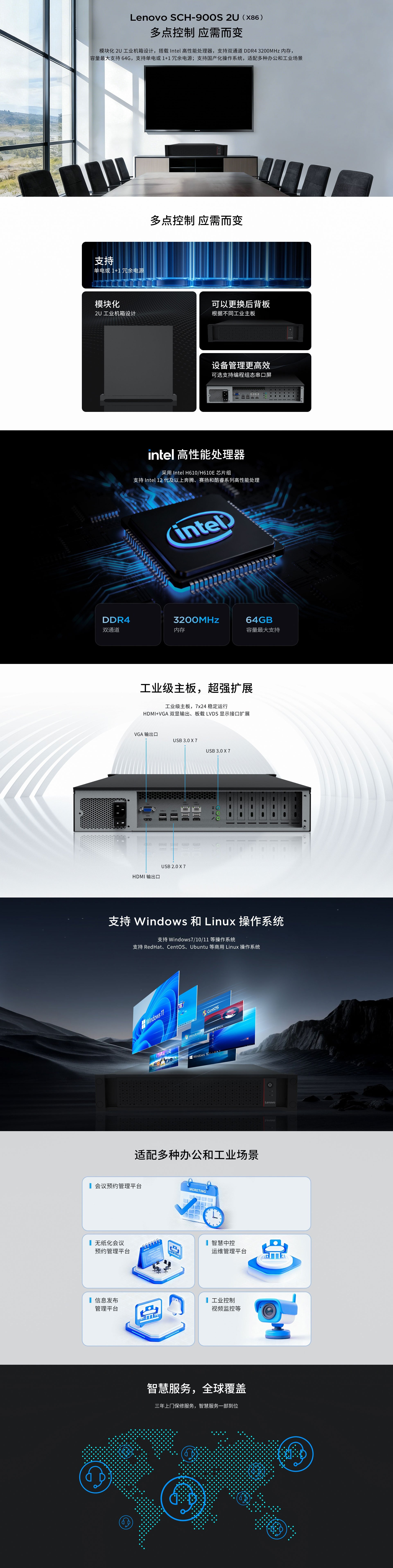 联想Lenovo SCH-900S 2U会议服务器|Intel高性能处理器|支持国产化操作系统|模块化设计|双通道DDR4 3200MHz内存64GB扩展|支持Windows/Linux|适配会议预约与工业监控