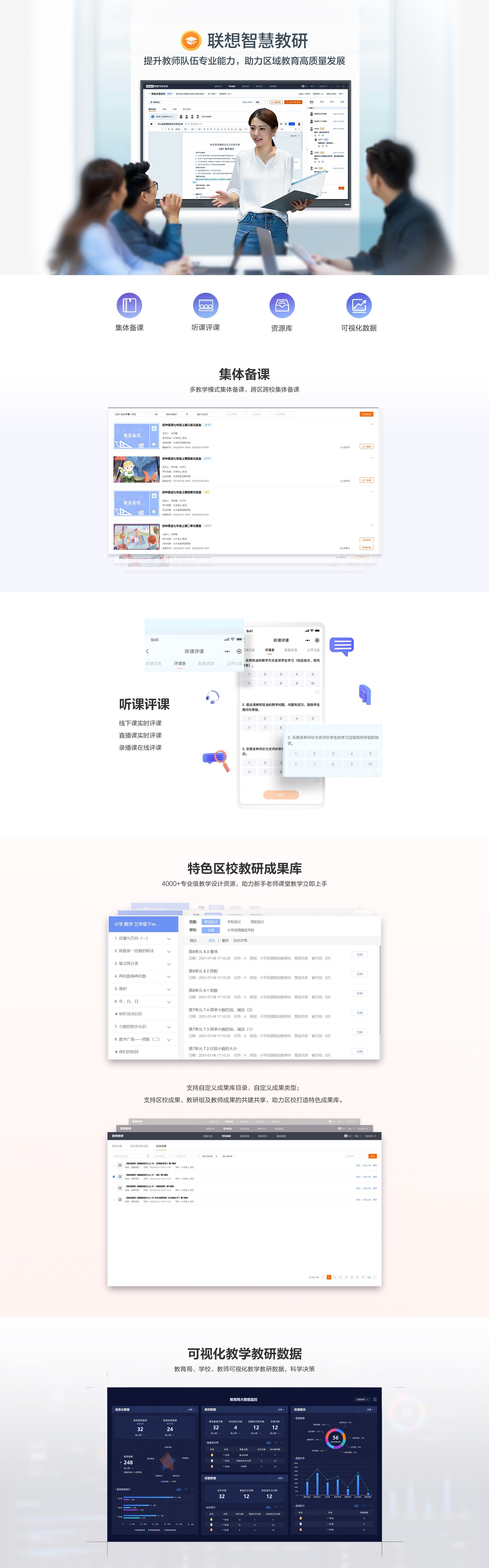 联想智慧教研平台|提升教师专业能力与区域教育高质量发展|集体备课、听课评课、成果资源库一站式支持|4000+教学设计资源助力课堂快速上手|跨区跨校集体备课与多模式教学协作